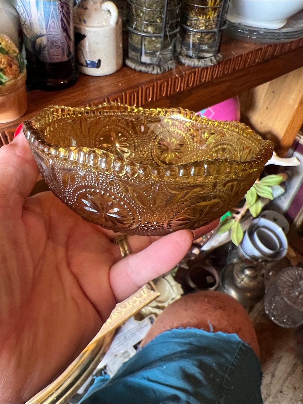 Vintage Amber Pressed Glass Trinket Bowl